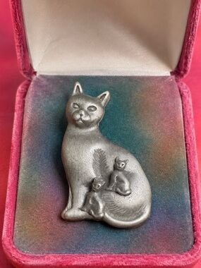 Brooch & Earrings Pewter Cat Family Silver Set Whimsical Cat Lover